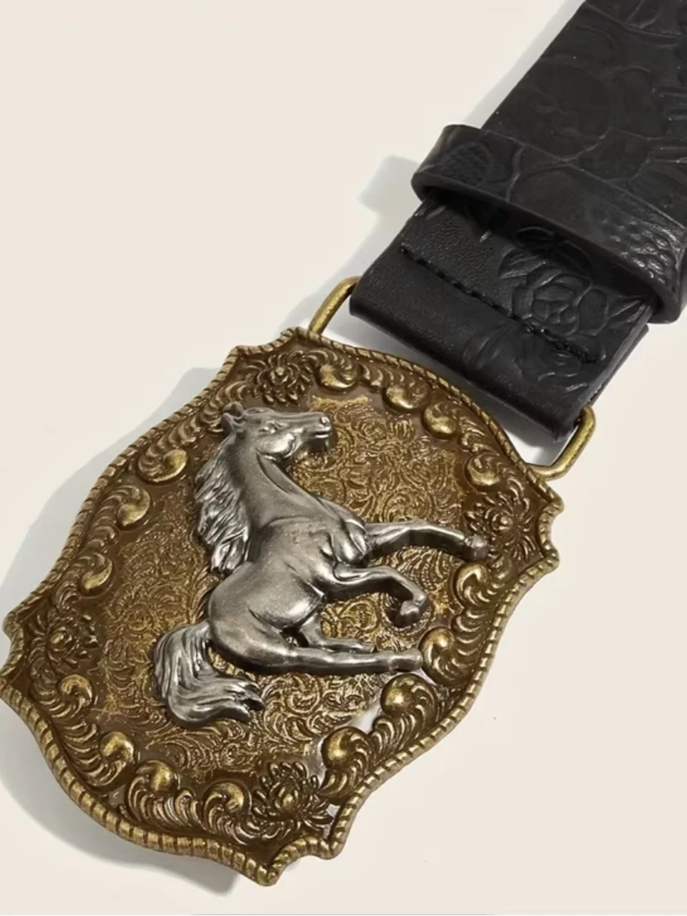 Western Black PU Leather Belt with Decorative Horse Buckle in Antique Gold